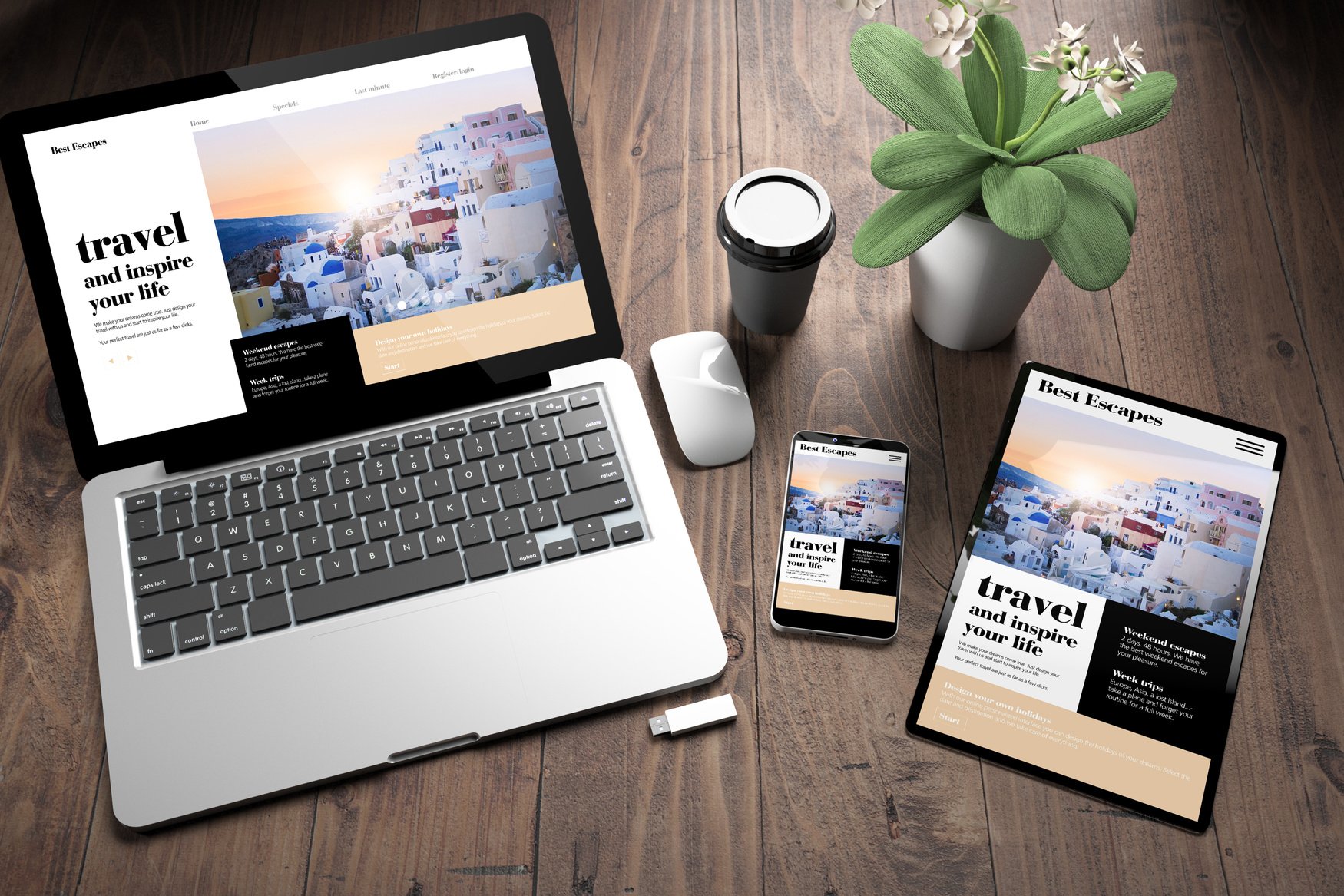 three devices on wooden desk top view travel online